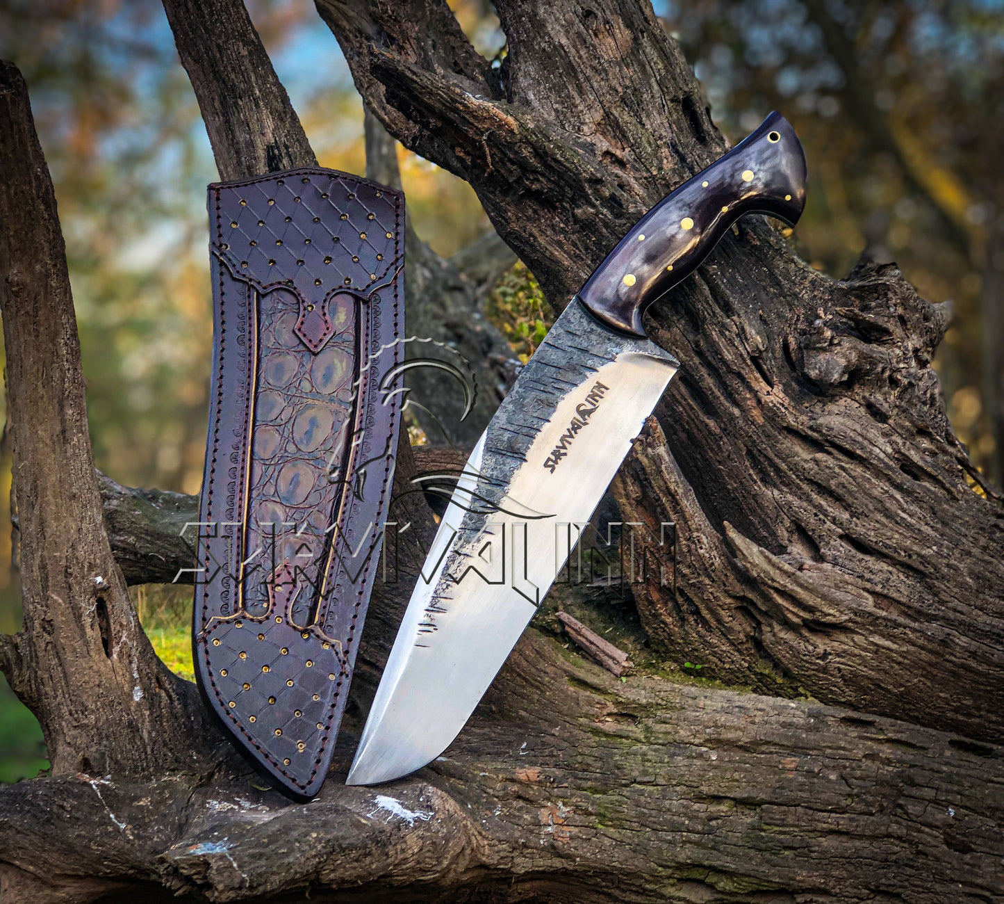 Premium Hand-Forged Bowie Knife|G-10 Handle with Crocodile Leather Sheath | Survivalinn