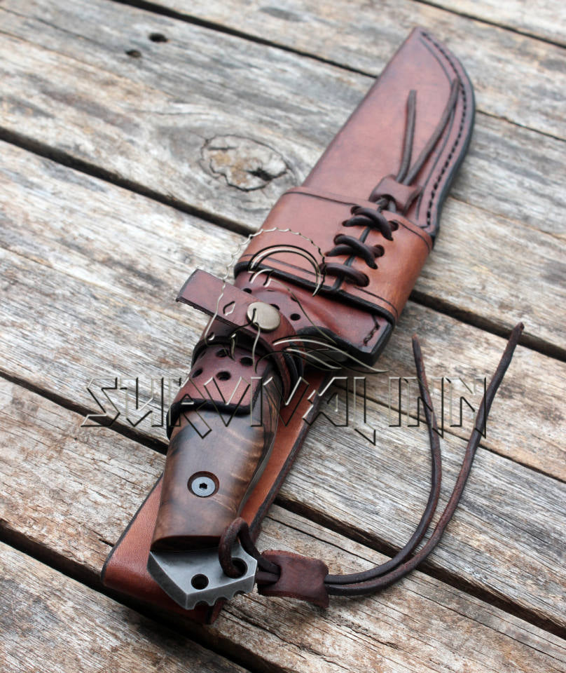 Handmade 1095 high carbon steel Bowie knife with rosewood handle and premium leather sheath