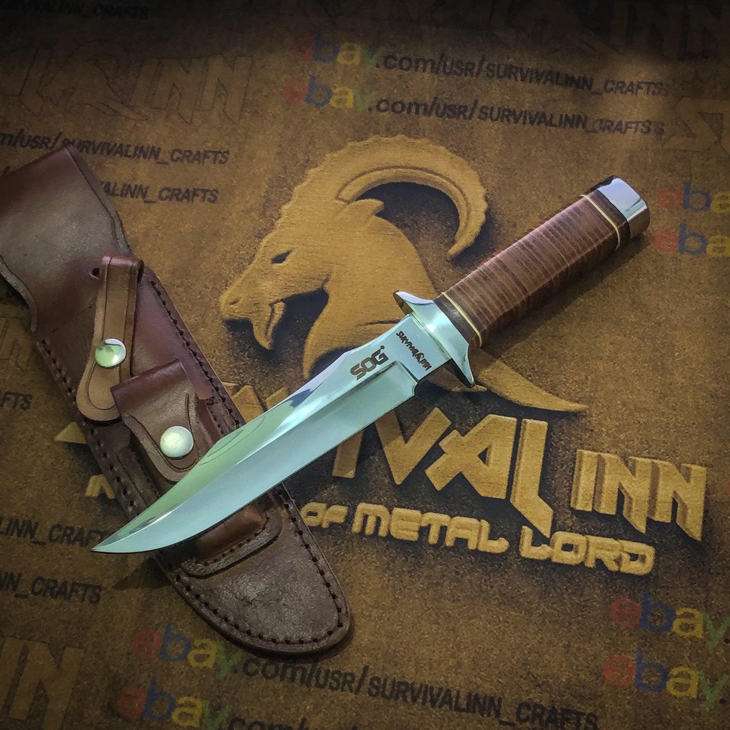 Close-up of handcrafted SOG combat knife with stitched leather grip – ideal for outdoor use