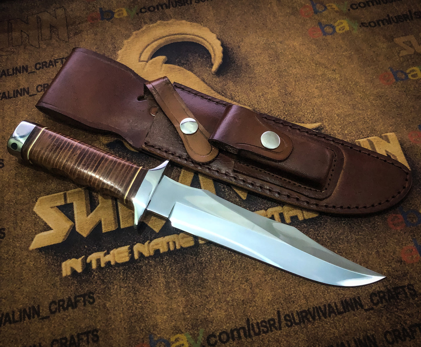 Side view of SOG Bowie hunting knife with polished blade and brown leather handle