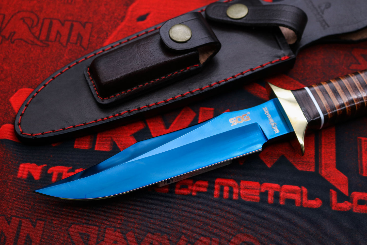 Cold Steel SOG Bowie knife with blued fixed blade and stacked leather handle, full tang design