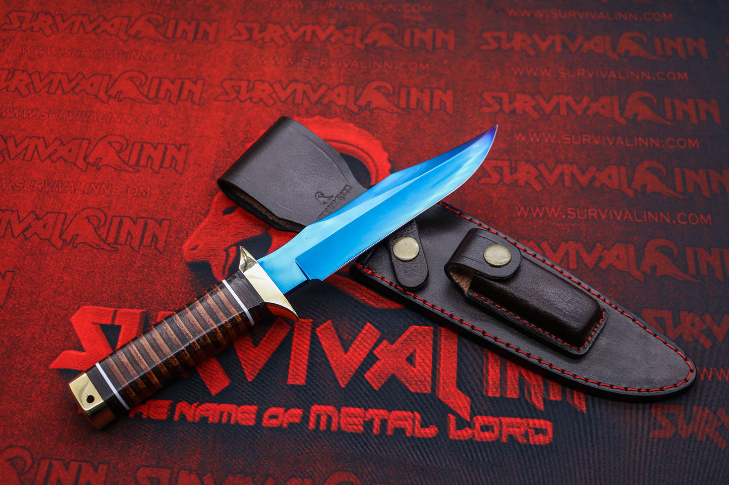 Blued high carbon steel Bowie blade with sharp clip point tip, Cold Steel tactical knife