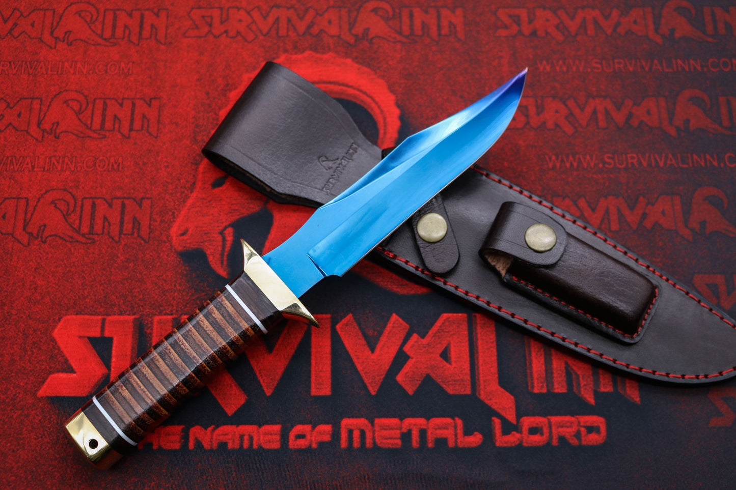 Outdoor-ready SOG Bowie knife with dark blued blade and classic leather handle