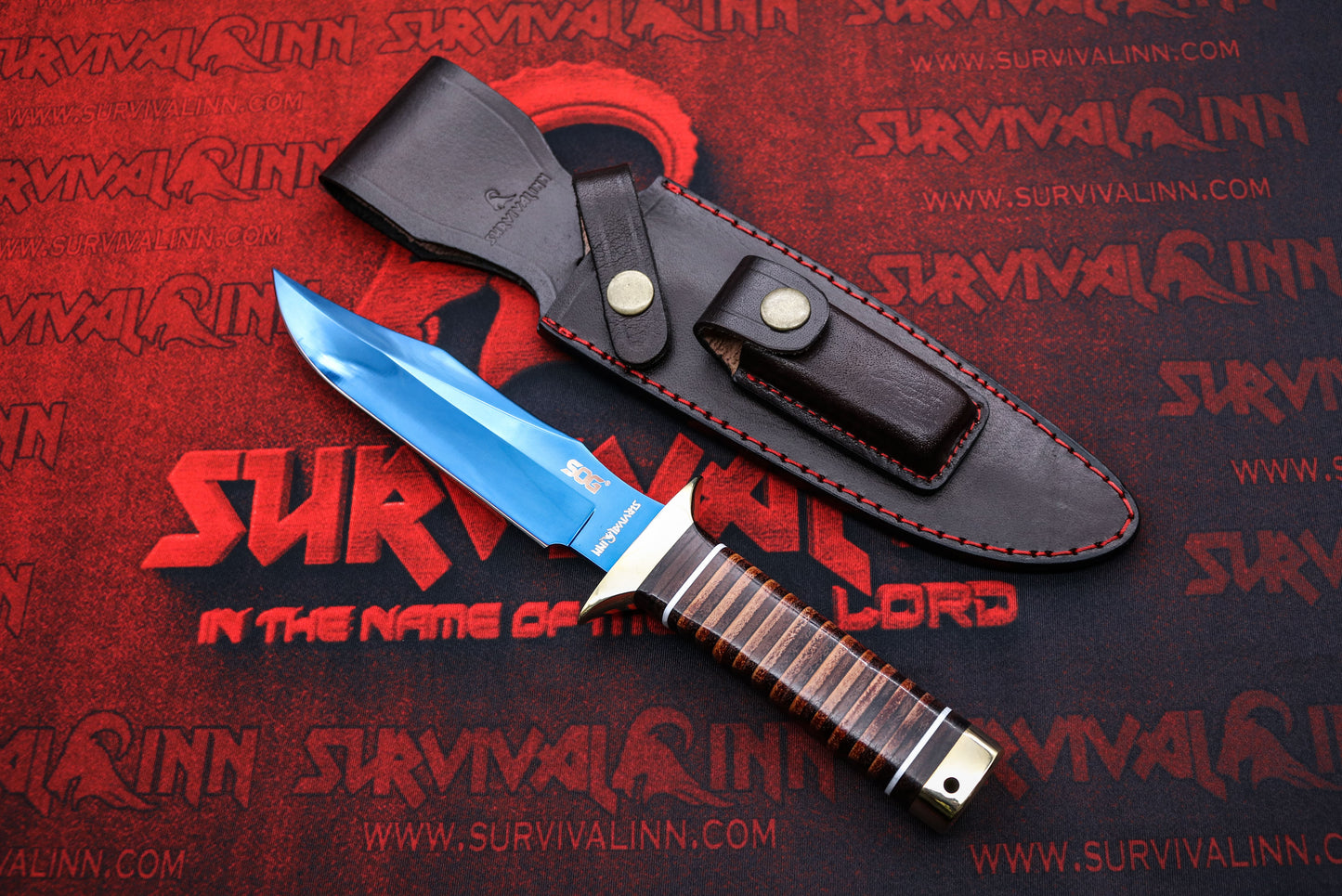 Custom handmade SOG Bowie knife with matte blued finish and ergonomic leather handle