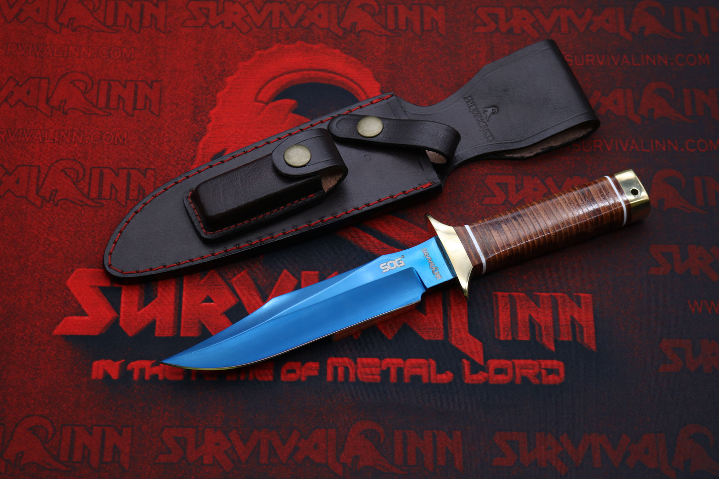 Cold Steel SOG Bowie knife with blued fixed blade and stacked leather handle, full tang design