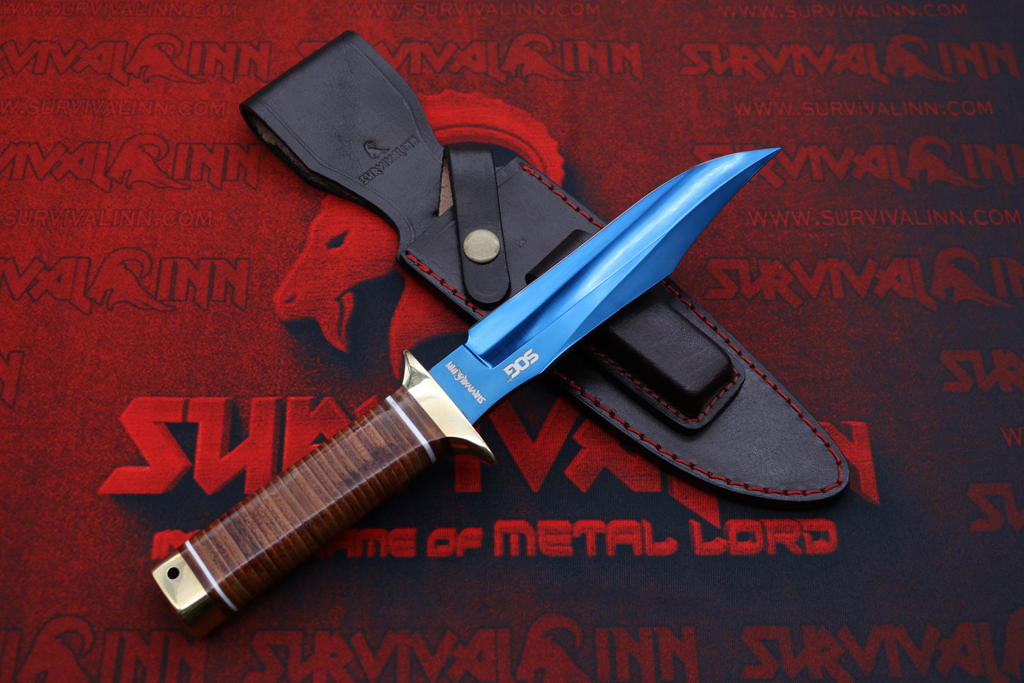 Tactical Cold Steel Bowie knife held in hand with leather grip, ready for field use