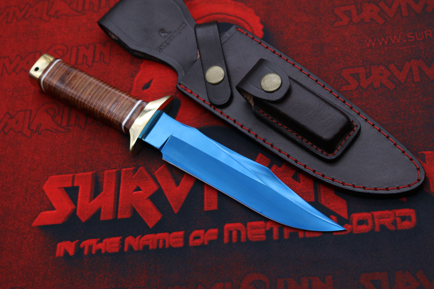 Blued high carbon steel Bowie blade with sharp clip point tip, Cold Steel tactical knife