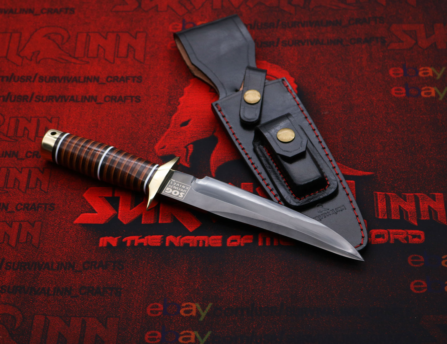 Custom SOG Recon Bowie knife with leather-wrapped handle and matching leather sheath