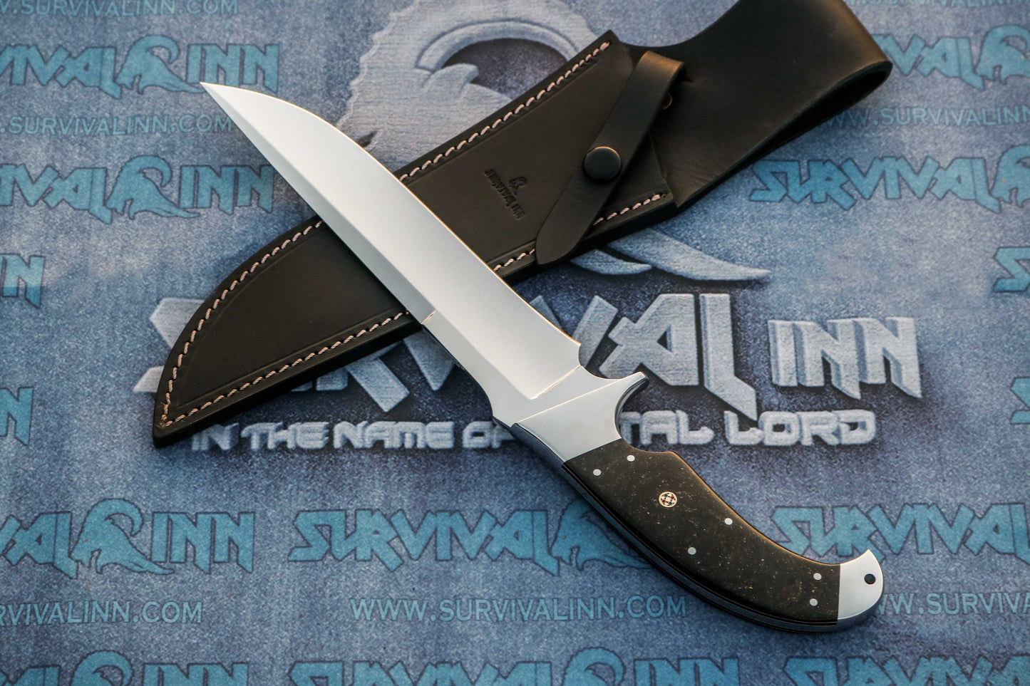 Custom Bowie knife with galaxy micarta handle and handcrafted leather sheath for protection