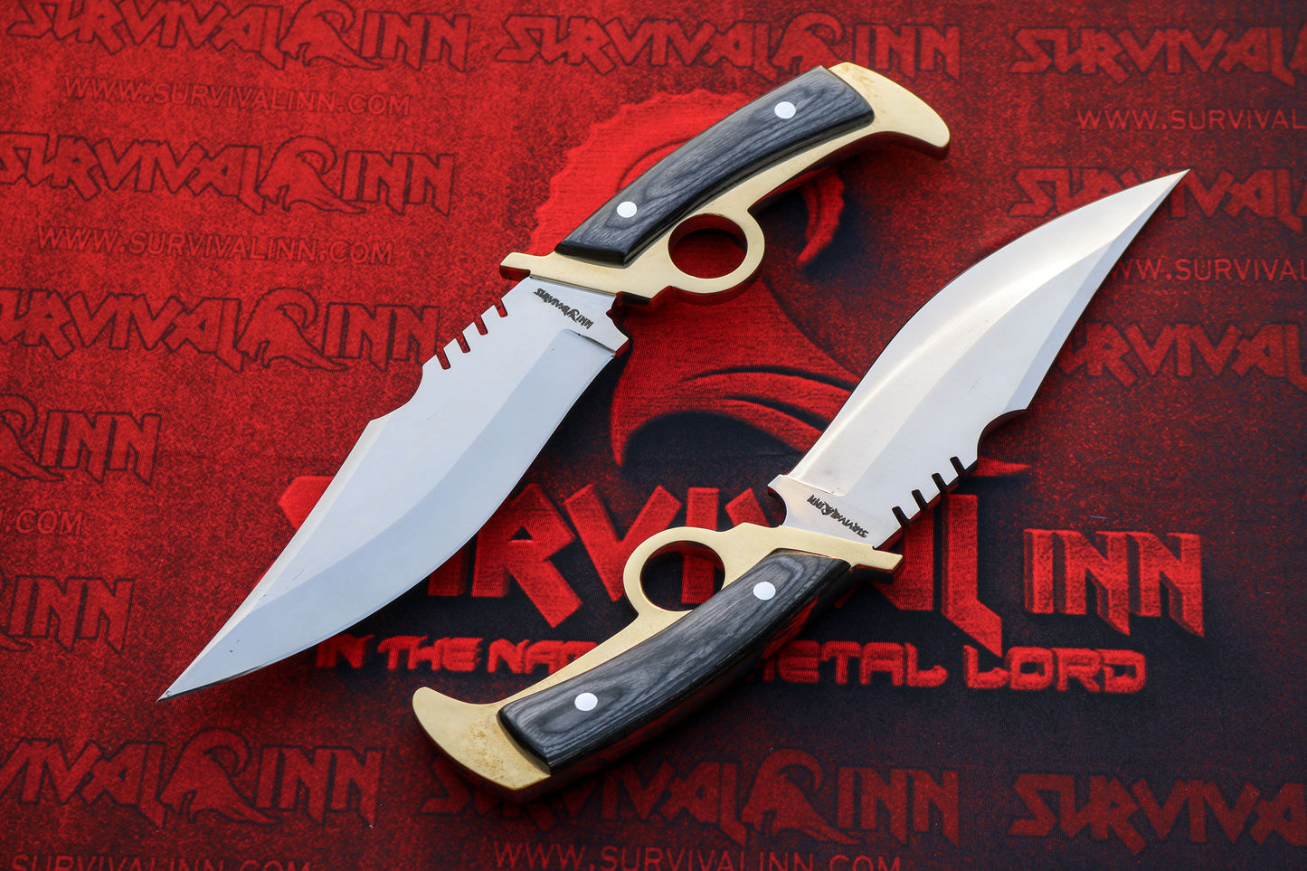 Two knives with gold and black handles on a red background with 'Survival Inn' branding.