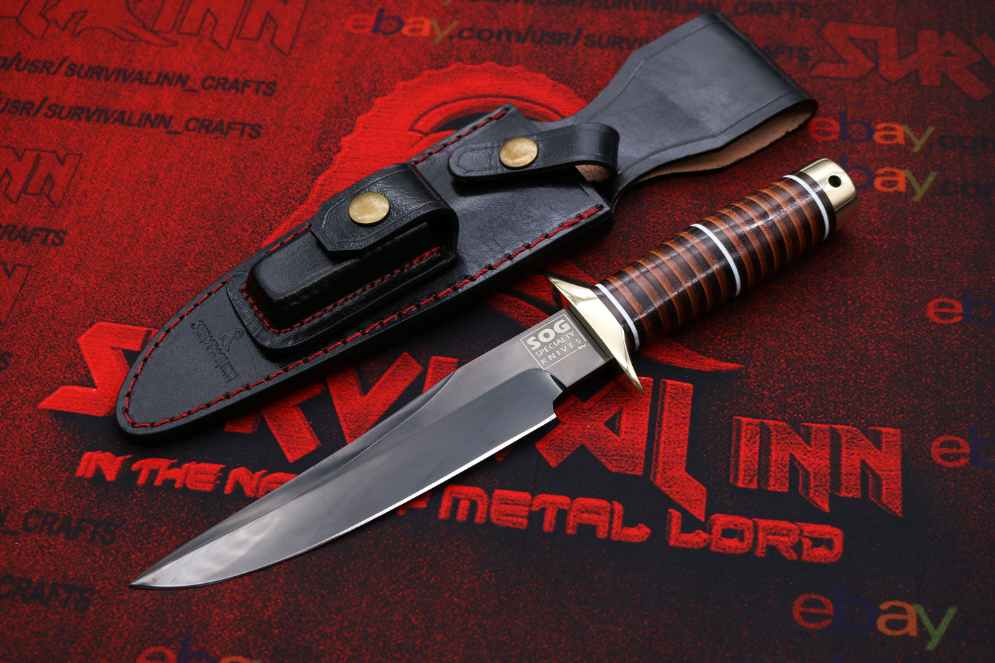 SOG-style Recon Bowie knife placed on forest log with leather handle and combat-ready design