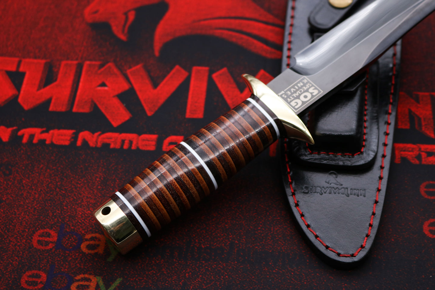 Classic stacked leather handle of handmade SOG Recon Bowie knife for secure and comfortable grip