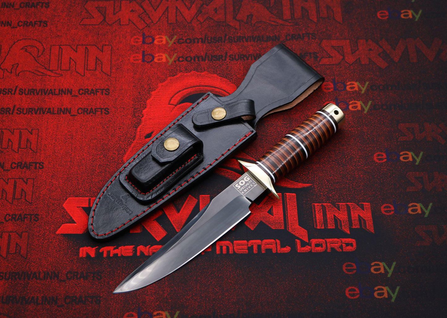 Custom SOG Recon Bowie knife with full tang steel blade and stacked leather handle