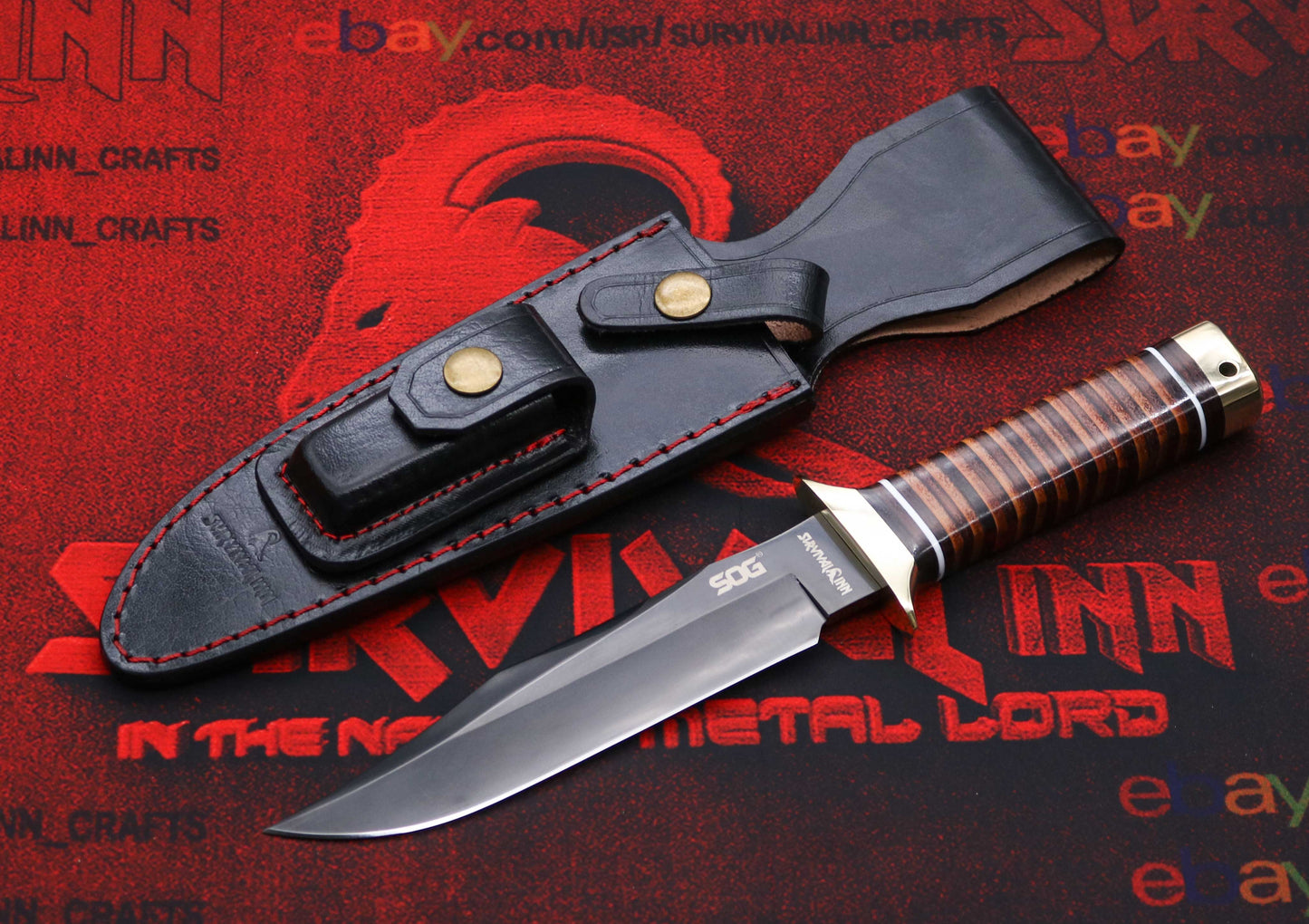 Handmade SOG Bowie knife with full tang high carbon steel blade and stacked leather handle