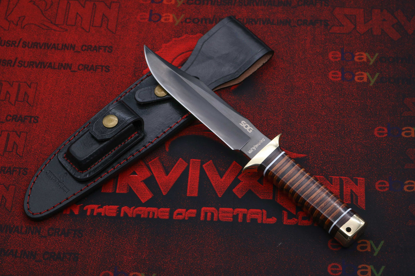 Custom leather sheath with handmade SOG-style Bowie knife for tactical outdoor use