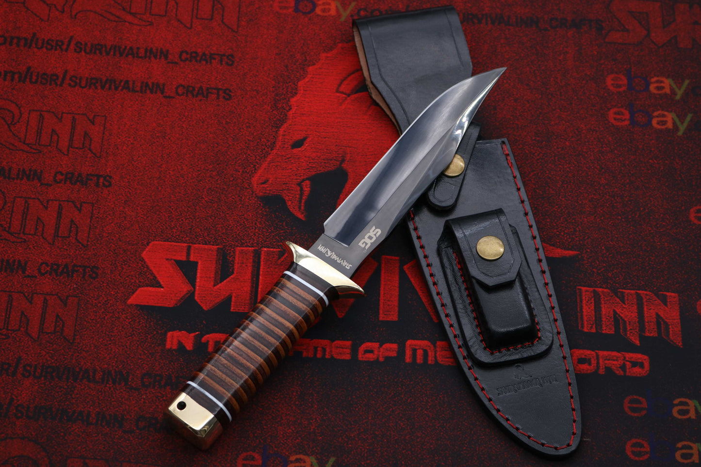 Collector-grade handmade SOG Bowie knife with leather sheath and presentation display