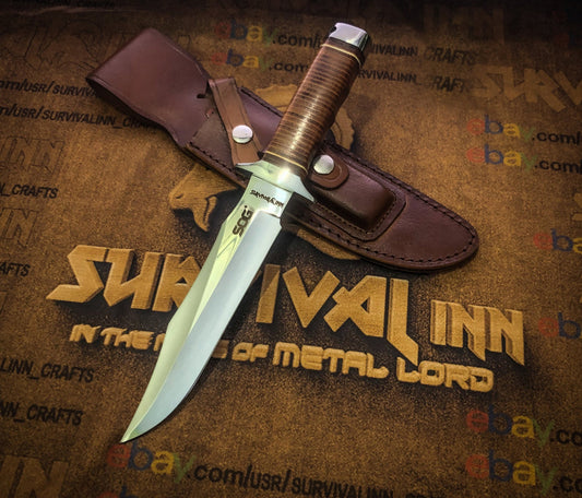 Handmade SOG Bowie knife for survival use with full-tang blade and rugged leather handle