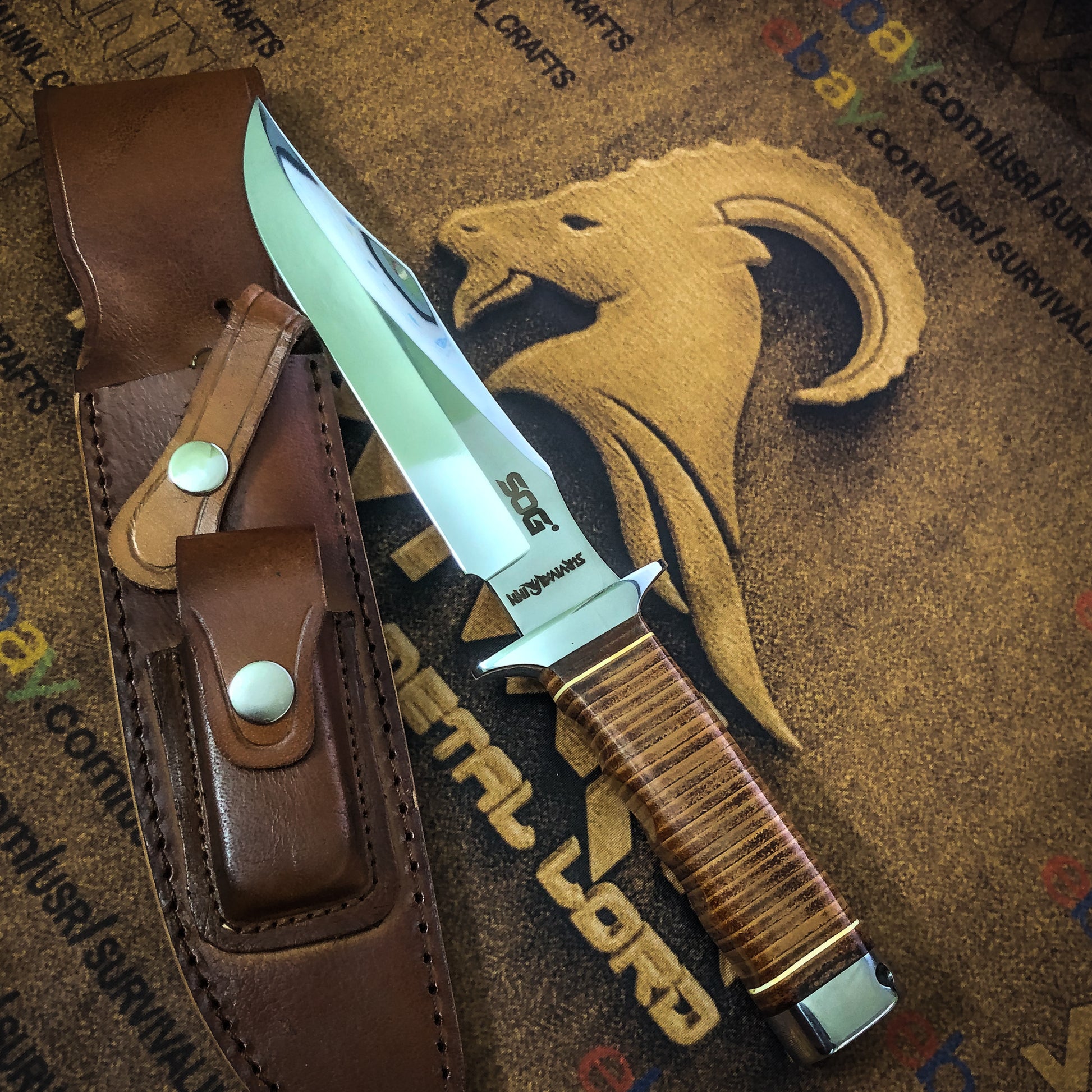 Sheathed handmade SOG knife next to its thick leather handle – perfect for collectors
