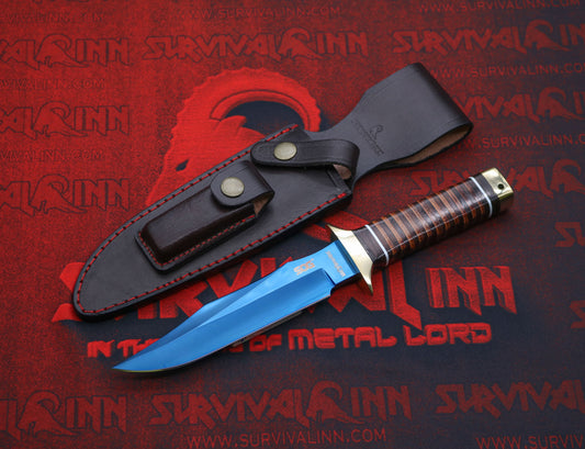 Tactical SOG Bowie knife with corrosion-resistant blued blade and leather stack grip