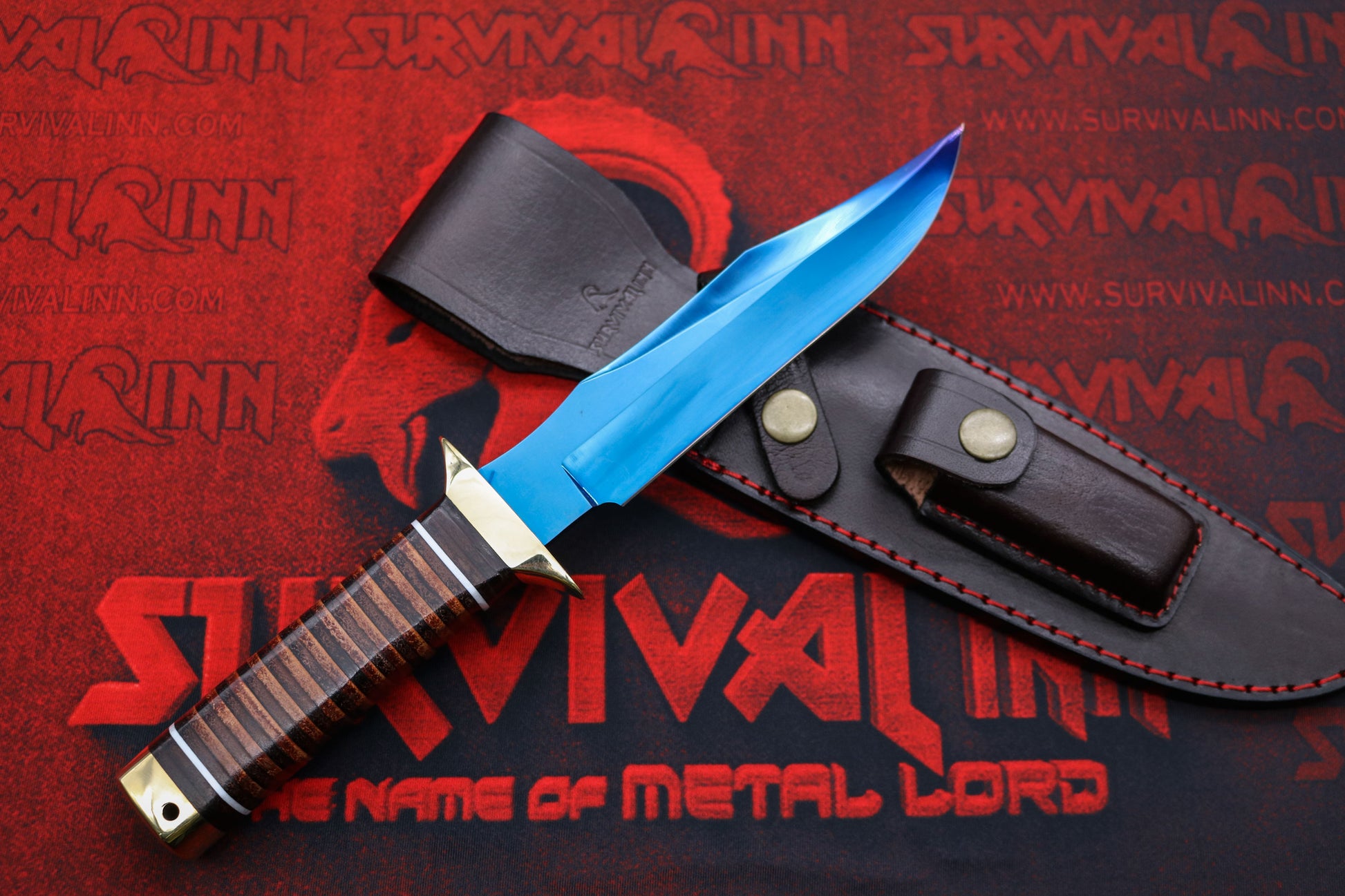 Outdoor-ready SOG Bowie knife with dark blued blade and classic leather handle