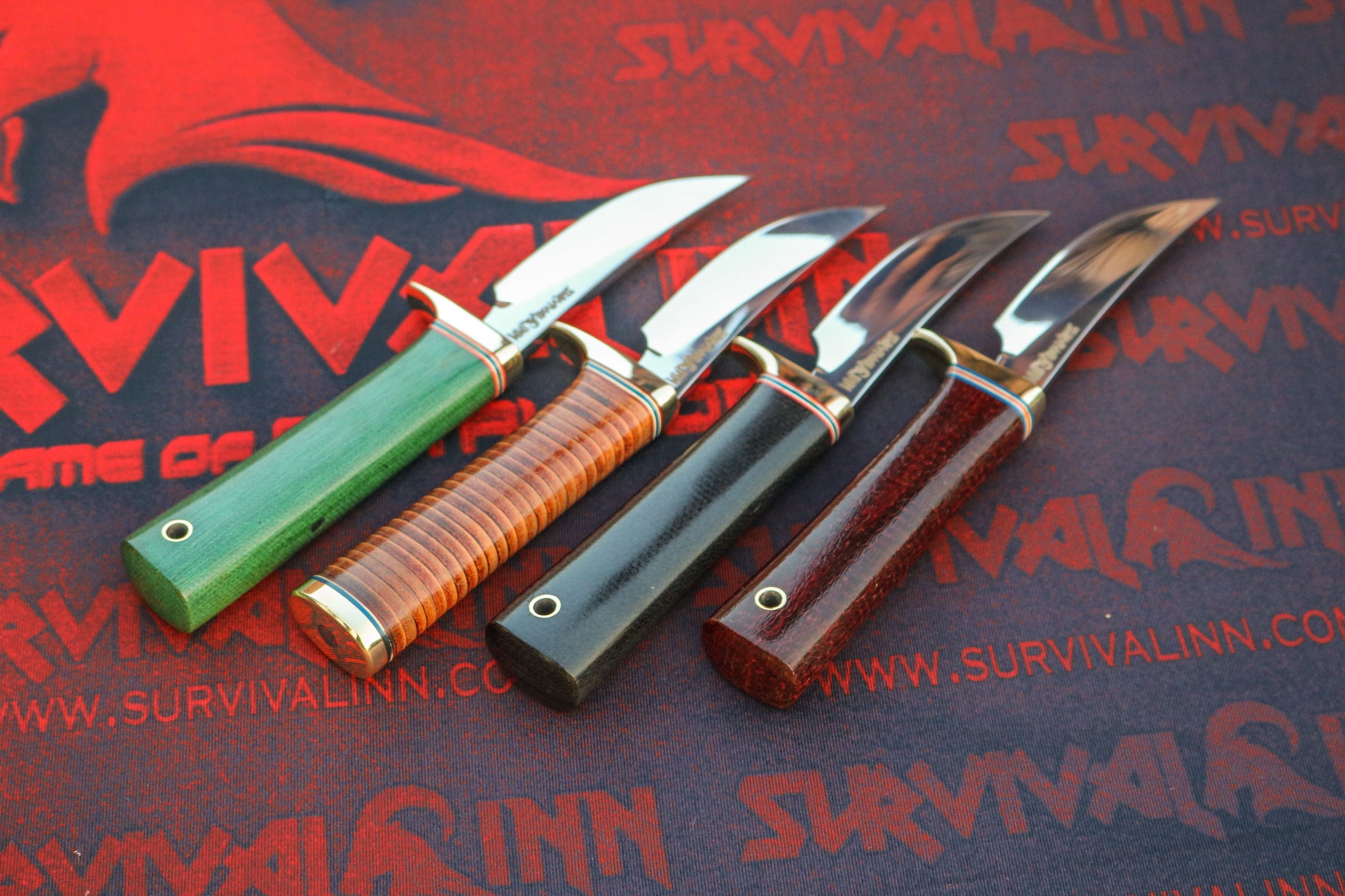 Close-up of Randall Model 20 Yukon Skinner inspired knife with brown micarta handle and polished skinner blade