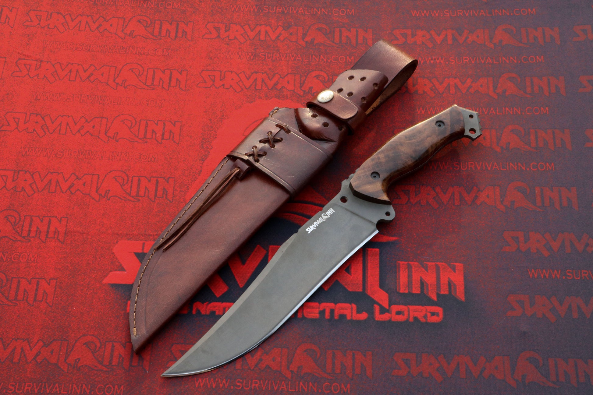 Knife with leather sheath on a red background with 'Survival Inn' branding.