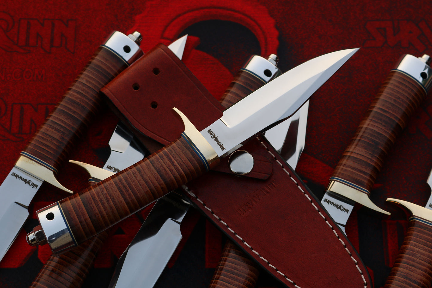 Vintage or well-maintained Randall Model 8 fixed blade with dark, rich stacked leather handle