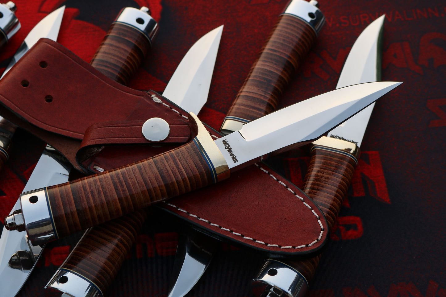 Rear view of the Randall Model 8 leather handle secured by a duralumin butt cap and stainless nut