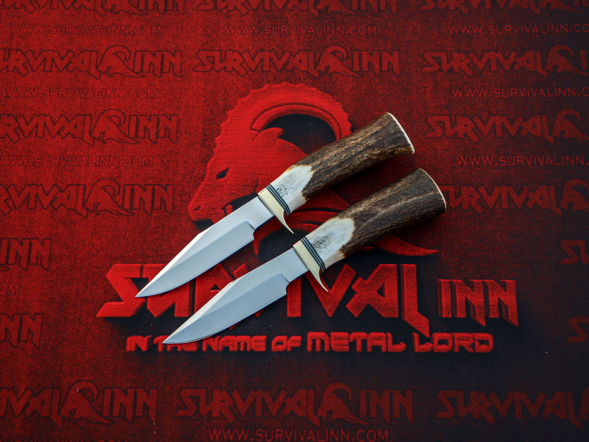 Randall Model 8 Trout and Bird hunting knife with stag antler handle displayed alongside its classic fixed blade.