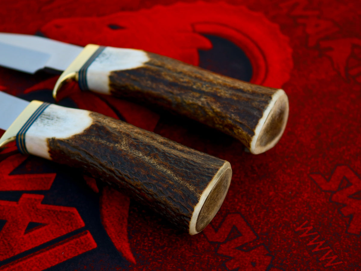 Close-up of the Randall Model 8 Trout and Bird knife stag handle highlighting its natural antler texture and detailed finish.