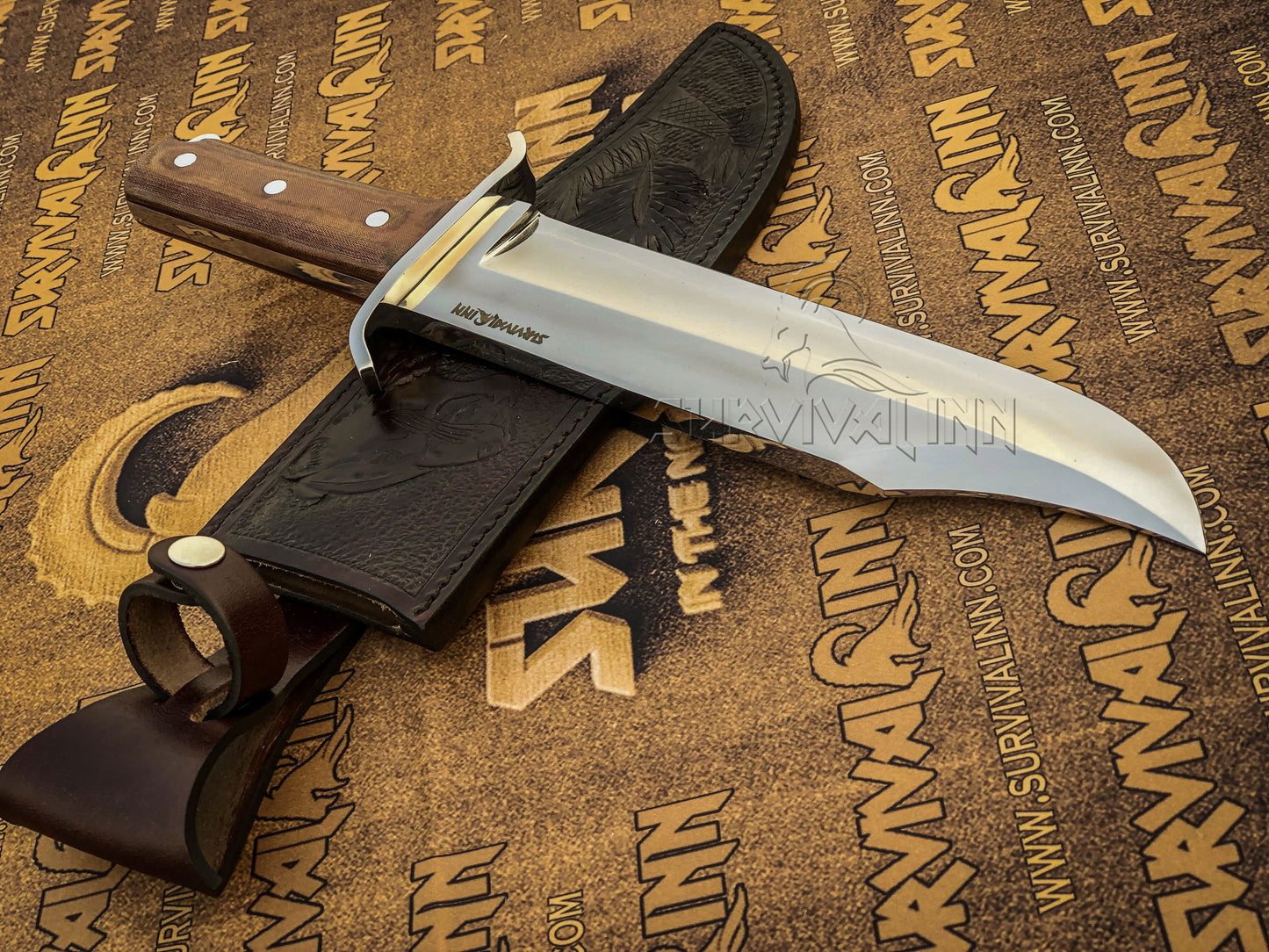 Thick spine of the handmade 5160 steel bowie knife, highlighting the rugged construction for heavy-duty outdoor tasks