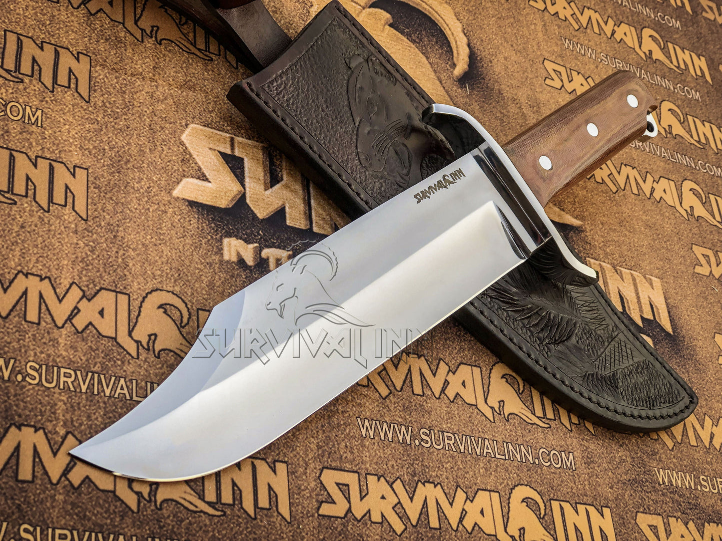 Detail view of the steel guard and handle junction on the 5160 steel bowie knife, emphasizing fit and finish quality