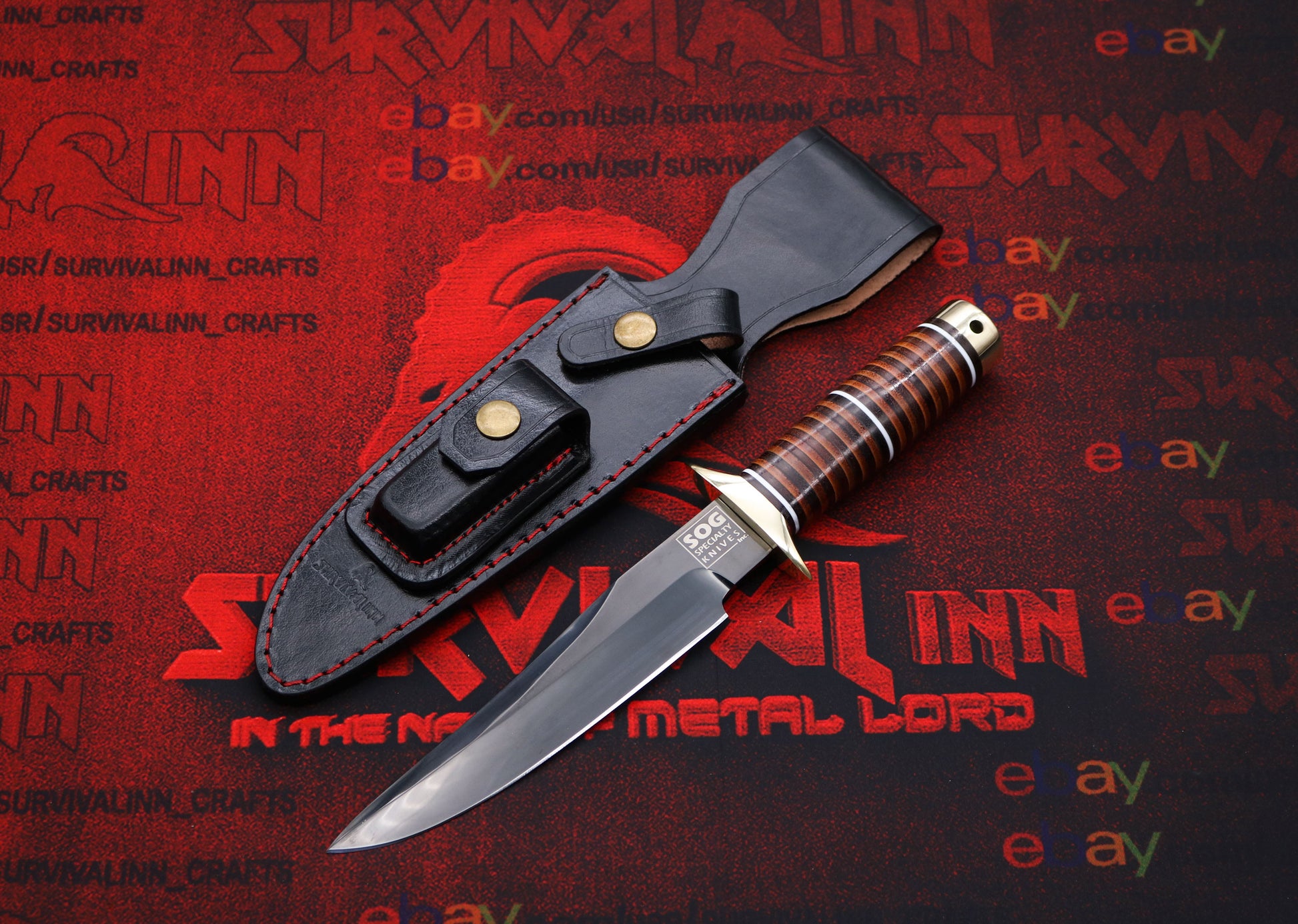 Custom SOG Recon Bowie knife with full tang steel blade and stacked leather handle