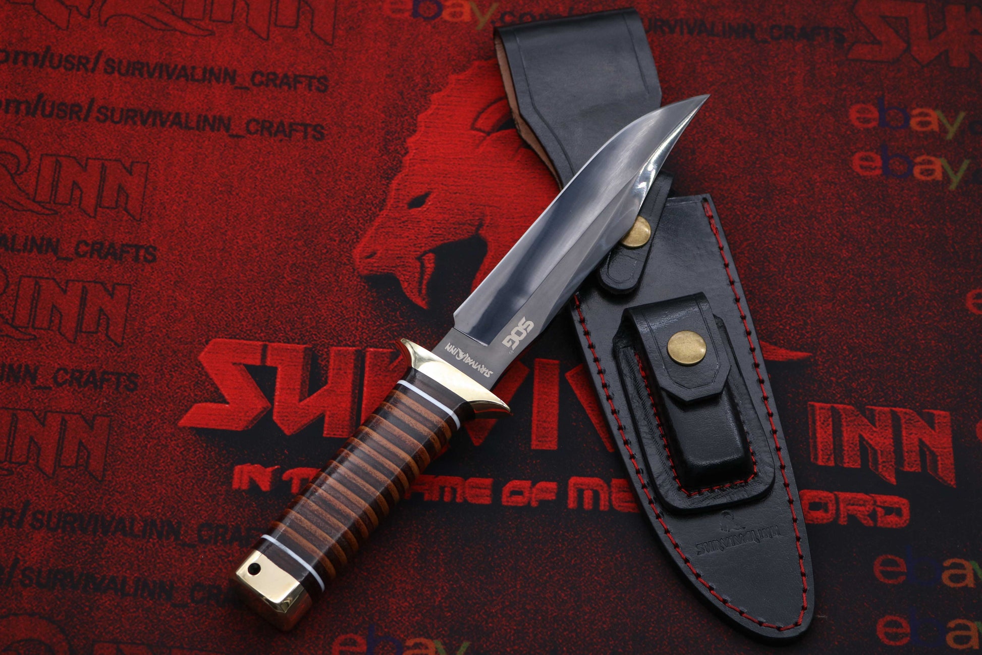 Collector-grade handmade SOG Bowie knife with leather sheath and presentation display